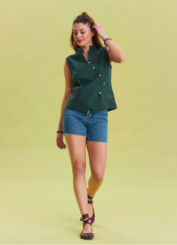 V Neck Cross Button Green Summer Blouse 4548